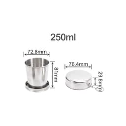 A compact stainless steel folding cup with a silver finish, measuring 250ml, alongside its matching lid.