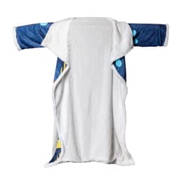 A cosy blanket featuring a white plush interior and blue patterned sleeves, ideal for comfort at home.