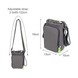 A drink bottle holder in grey with a green zipper, featuring an adjustable strap and side pocket.