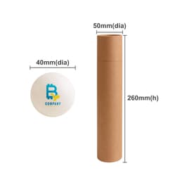 A table tennis ball set featuring six white balls and a cylindrical brown cardboard storage tube.