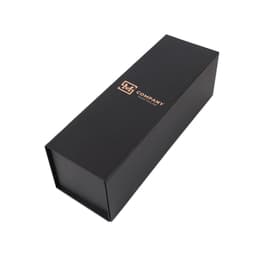 A black foldable magnetic wine box with a logo, designed to hold a single bottle.