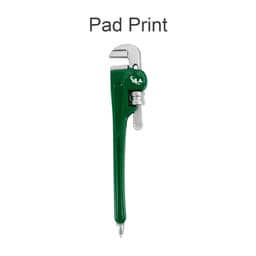 A green pipe wrench-shaped ballpoint pen with silver detailing, featuring a logo.