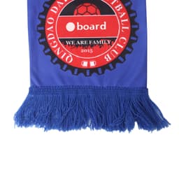 A knitted polyester scarf in vibrant blue with fringed ends and a logo design.