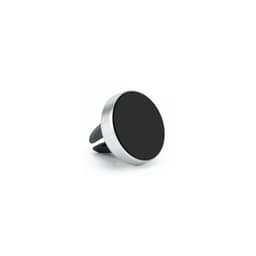 A clip-on car phone holder with a sleek black circular design and a metallic silver border.