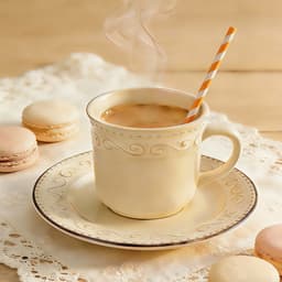 A steaming cup of tea in a decorative cream mug, with a striped orange and white straw, surrounded by pastel macarons.