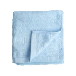 A folded, soft blue bamboo fiber towel, featuring a textured edge and a logo on one corner.