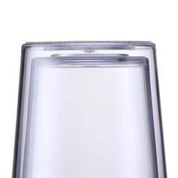 A set of transparent plastic cups with lids and straws, featuring a sleek design and a glossy finish.