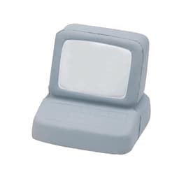 A grey computer-shaped stress reliever with a textured keyboard and smooth screen area. It has a simple design and a logo.