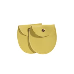 Two oval yellow PU leather jewelry pouches with snap closures, featuring a smooth finish.