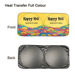 A twin circular car sun shade featuring a vibrant yellow front with a colourful pattern and a black back.