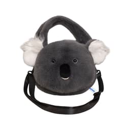 A grey plush handbag shaped like a koala, featuring ears and a smiling face, with a black shoulder strap.
