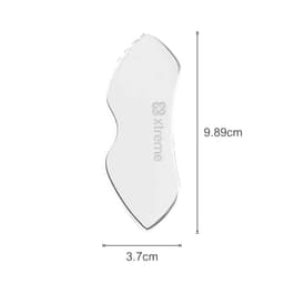 A customised Gua Sha board in clear plastic, featuring a smooth design with a logo, measuring 9.89 cm by 3.7 cm.