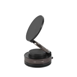 A black suction magnetic phone holder with a rotating top, featuring a base with a textured design and a logo.
