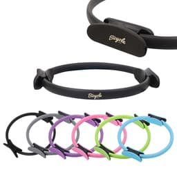 A Pilates circle in various colours including black, grey, pink, purple, and green, featuring a logo.