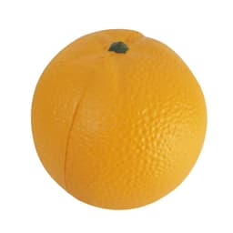 An orange-shaped stress reliever in bright orange with a textured surface and a green top.