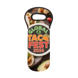 A drink bottle cooler featuring a colourful taco-themed design with a logo and a handle for easy carrying.