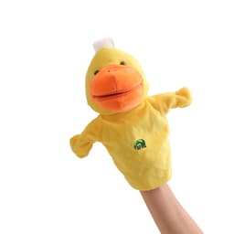 A yellow duck hand puppet with an orange beak and a small tuft of white on its head, featuring a logo on the body.