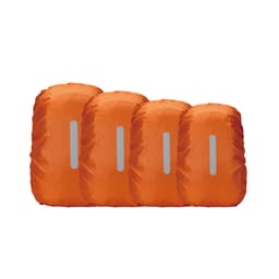 Four orange reflective backpack rain covers are stacked, featuring a grey strip on each cover.