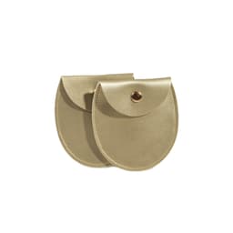 A gold oval PU leather jewelry pouch with a rounded flap and a gold snap closure.