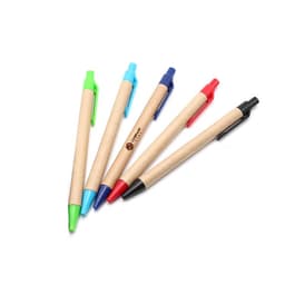 A set of five Kraft Paper Pens in green, blue, red, black, and a natural paper finish with a logo.