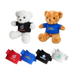A white and a brown bear plush toy, both wearing colourful T-shirts, displayed alongside various shirt options.