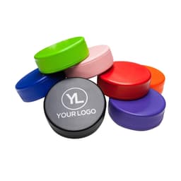 A vibrant collection of eight hockey puck-shaped stress relievers in various colours, featuring one with a logo.