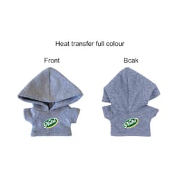A grey plush doll hoodie featuring a hood and a logo, with front and back views displayed.