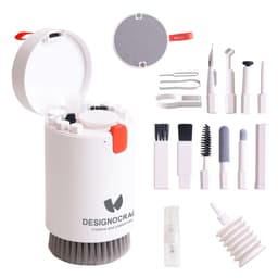 A white 20-in-1 cleaning kit with various tools and a logo, featuring brushes, cloths, and a spray bottle.