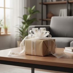 A soft cream ribbon with gold text is elegantly tied on a brown gift box, placed on a wooden table in a bright room.