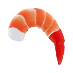 A shrimp-shaped stress reliever in shades of orange and red, featuring a curved design. It has a logo on one side.