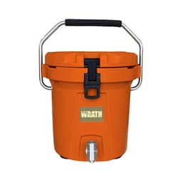 An orange ice bucket with a metal handle and a faucet at the bottom. Features a branding logo on the front.