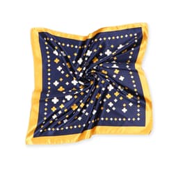 A navy blue silk satin scarf with a patterned design featuring white and gold shapes and a gold border.