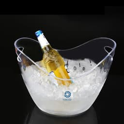 An 8L transparent ice bucket filled with ice and a beer bottle, featuring a logo on the side.