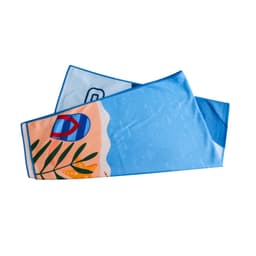 A microfibre beach towel in blue featuring tropical designs and patterns, with a logo on it.