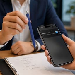 A blue metal ballpoint pen held above a smartphone displaying an NFC tag notification, with a notebook in the foreground.