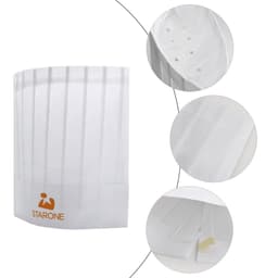 A white disposable non-woven chef hat featuring ventilation holes and a branding logo at the bottom.