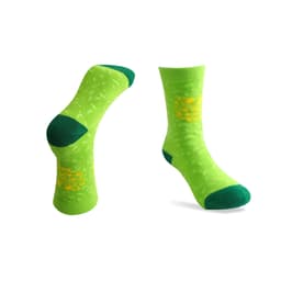 Bright green football socks with towel bottoms, featuring a patterned design and a logo.