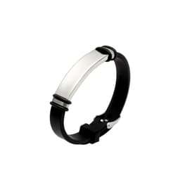 An engraved bracelet with a silver metal centre and black rubber band, featuring a sleek design and logo.