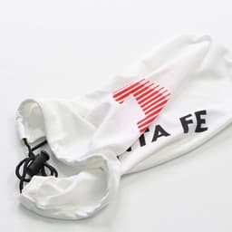 A white car mirror cover with a drawcord and a logo. It's designed for sedan vehicles.