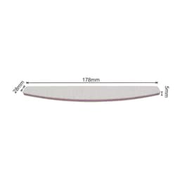 A half-moon shape nail file featuring a light pink side and a textured filing surface, measuring 178mm by 28mm by 5mm.