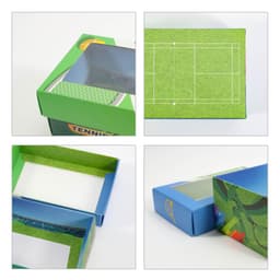 A green custom gift box with a windowed removable lid, featuring tennis court graphics and a logo.