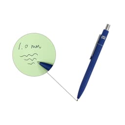 A blue NFC metal ballpoint pen with a silver clip, resting next to a notepad with handwritten notes.