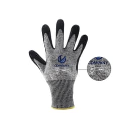 A grey and black cut resistant nitrile glove with a ribbed wrist, featuring a company logo.