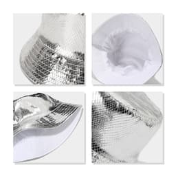 A shiny silver bucket hat with a glittering surface and a white interior, featuring an inner lining and brim.