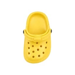 A yellow clog shoe fridge magnet with ventilation holes and a strap, featuring a logo.