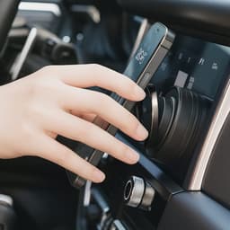 A hand placing a smartphone on a silver suction magnetic phone holder in a car interior. The dashboard has a dark finish.