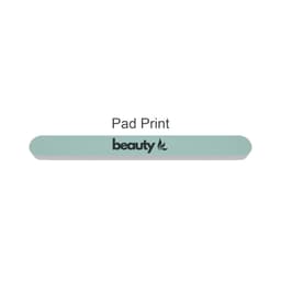 A double-sided polished nail file in a mint green colour with a logo printed on one side.