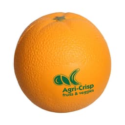 An orange-shaped stress reliever with a textured surface and a green logo on the side.