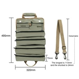 A roll-up tool bag in olive green with multiple zippered compartments and detachable shoulder strap. Measures 495mm x 320mm.