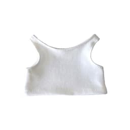 A white tank top with a sleeveless design, featuring a simple and basic style. It has a logo on the fabric.